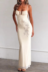 Strapless Tie Front Rhinestone Rose Mesh Maxi Party Dress