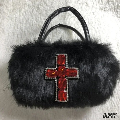 Bag Punk Y2K Gothic Applique Shoulder Harajuku Hop Soft Cross Black Plush Hip / 25X10X12Cm