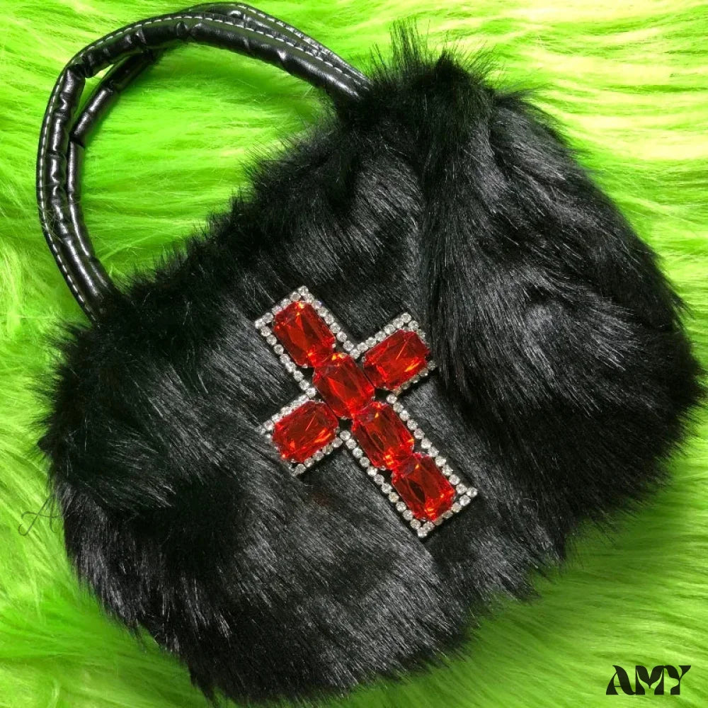 Bag Punk Y2K Gothic Applique Shoulder Harajuku Hop Soft Cross Black Plush Hip