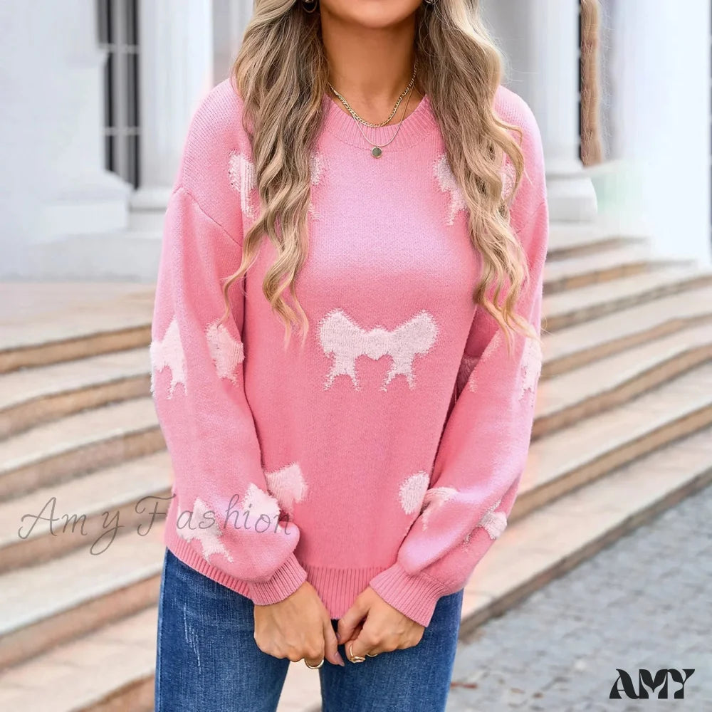 Basic Print Oversize Bow O-Neck White Thick Knitted Christmas Sweater Pink / S