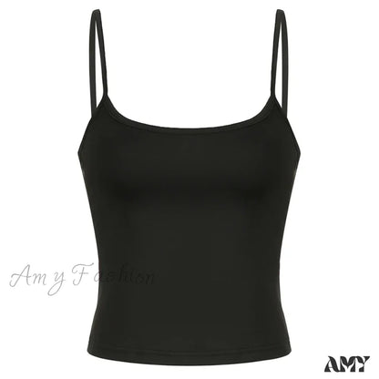 Basic Solid Casual Sleeveless Spaghetti Strap Vintage Crop Top Black / S