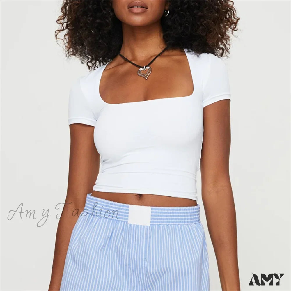 Basic Solid Color Square Collar Short Sleeve Summer Casual Streetwear Crop Top