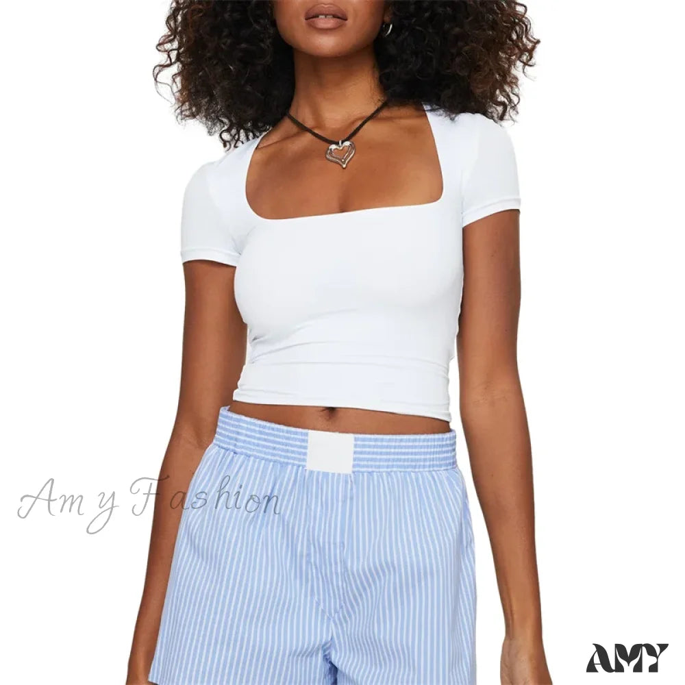 Basic Solid Color Square Collar Short Sleeve Summer Casual Streetwear Crop Top White / S