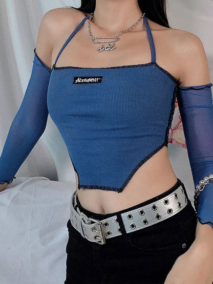 AMY FASHION - Sweet Sling Ribbing Knit Patchwork Long Sleeve Tee Crop Top
