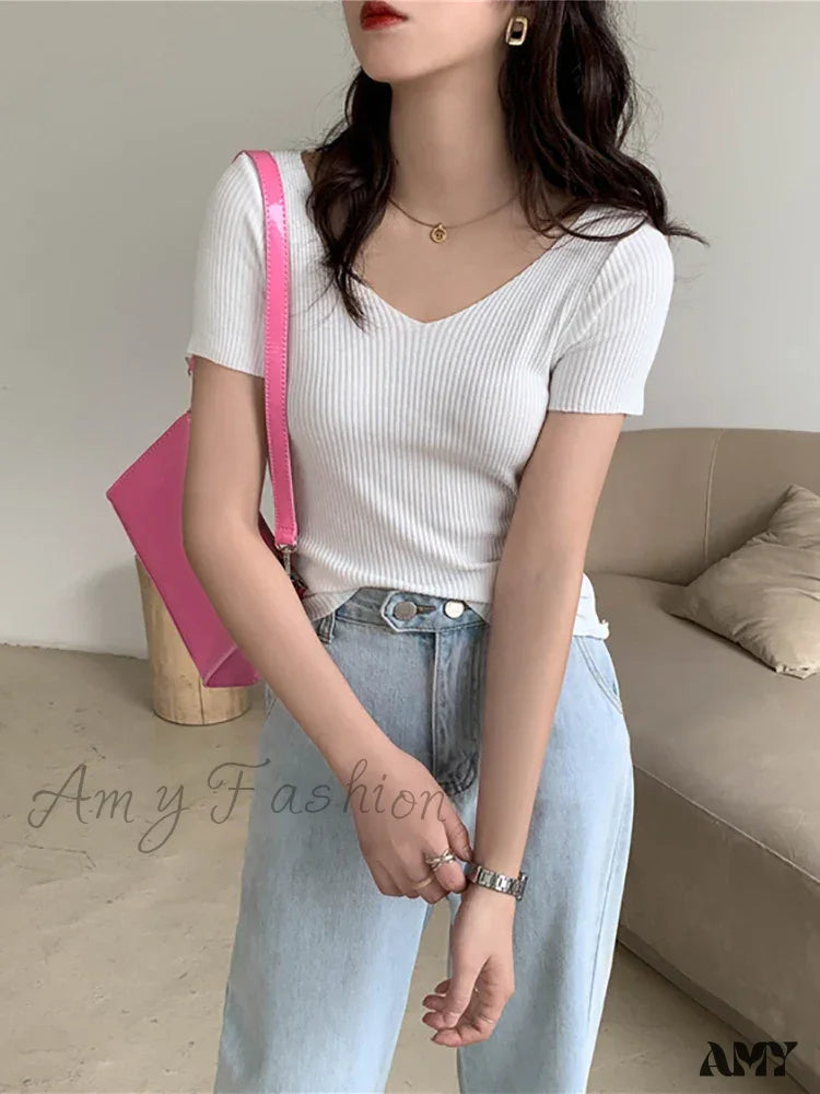 Basic V-Neck Solid Thin Summer Ribbed Slim Short Sleeve Sweater