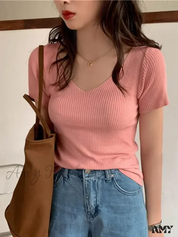 Basic V-Neck Solid Thin Summer Ribbed Slim Short Sleeve Sweater Pink / One Size