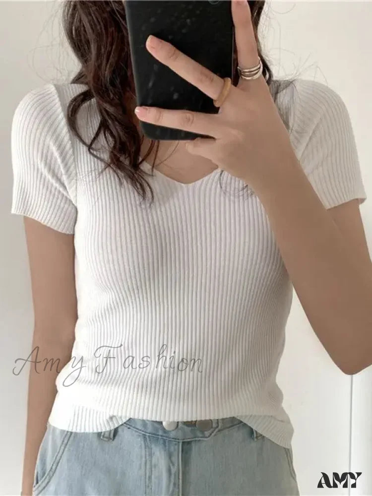 Basic V-Neck Solid Thin Summer Ribbed Slim Short Sleeve Sweater White / One Size