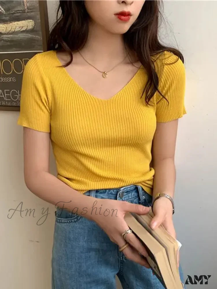 Basic V-Neck Solid Thin Summer Ribbed Slim Short Sleeve Sweater Yellow / One Size