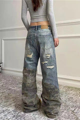 Washed Camo Patchwork Distressed Slim-Fit Jeans
