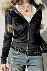 Retro Fuzzy Panel Velvet Zip-Up Hoodie