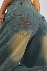 Embroidered Washed Retro Wide-Leg Jeans