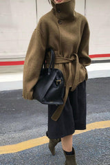 Turtleneck Loose Double-Faced Wool Tie Waist Retro Coat