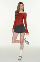 Red Long Sleeves Off-Shoulder Tie-Front Top
