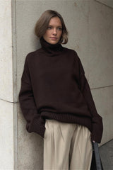 Solid High Neck Slouchy Slim-Fit Knit Sweater