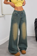 Embroidered Washed Retro Wide-Leg Jeans