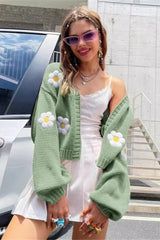 Sweet Floral Pattern Loose Cropped Knit Cardigan