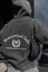 Washed Vintage Zip-Up Letter Embroidery Hoodie