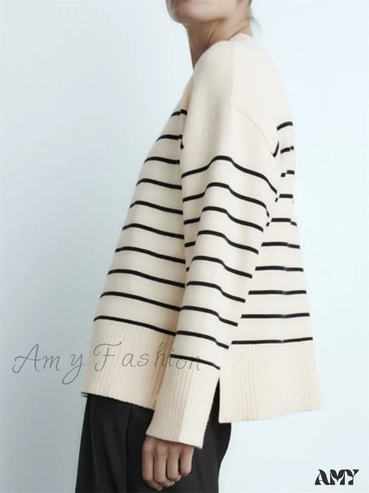 Beige Stripe Baggy Women Pullover Streetwear Long Sleeve Knitted Loose Sweater