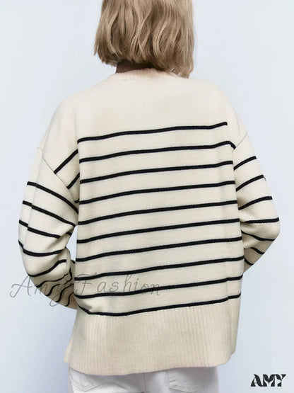 Beige Stripe Baggy Women Pullover Streetwear Long Sleeve Knitted Loose Sweater