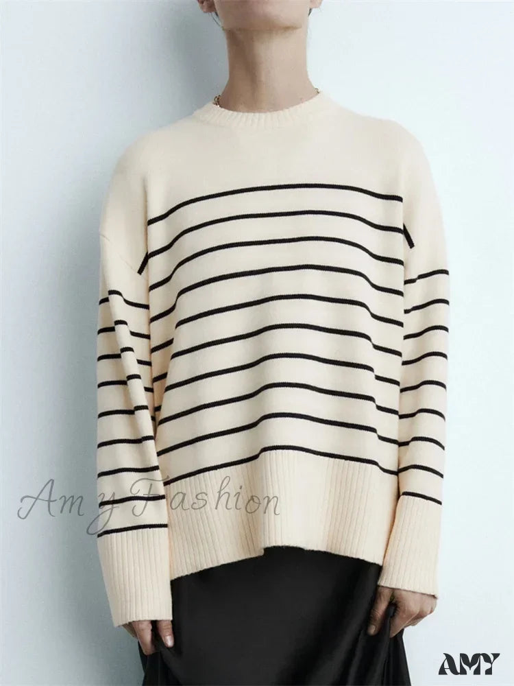 Beige Stripe Baggy Women Pullover Streetwear Long Sleeve Knitted Loose Sweater