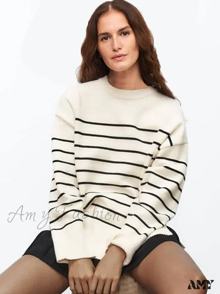 Beige Stripe Baggy Women Pullover Streetwear Long Sleeve Knitted Loose Sweater / S