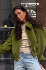 Retro Green Velvet Loose Collared Varsity Jacket