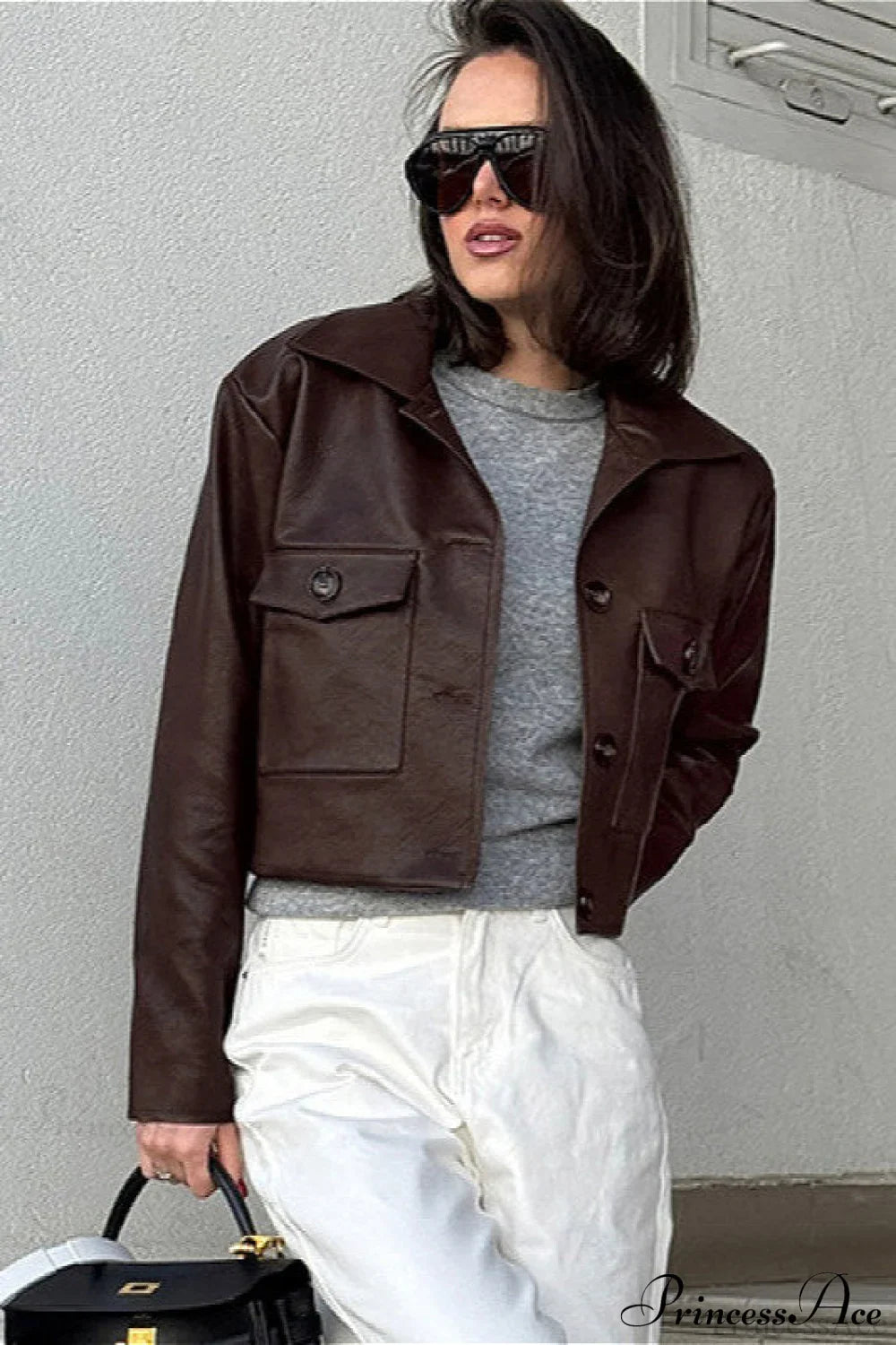 Biker Leather Collared Slim Coat Brown / S