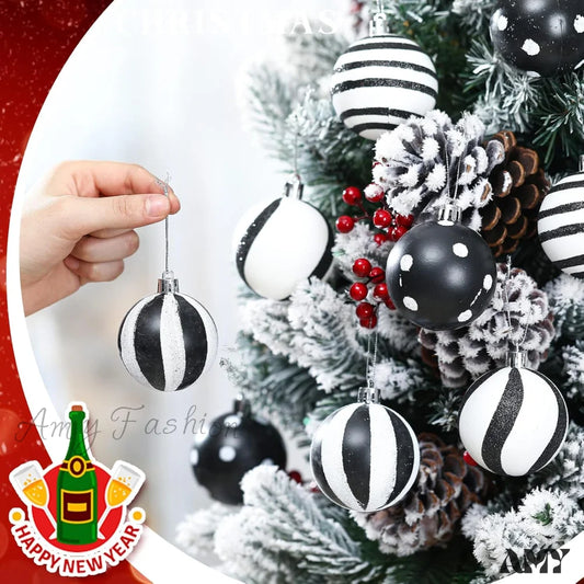 Black And White Christmas Ball Ornaments - Fresh Style Set Of 12