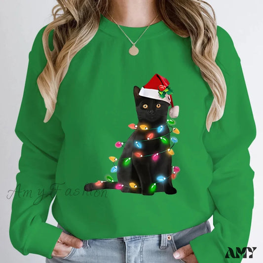 Black Cat Christmas Light Print Hoodie Green / S