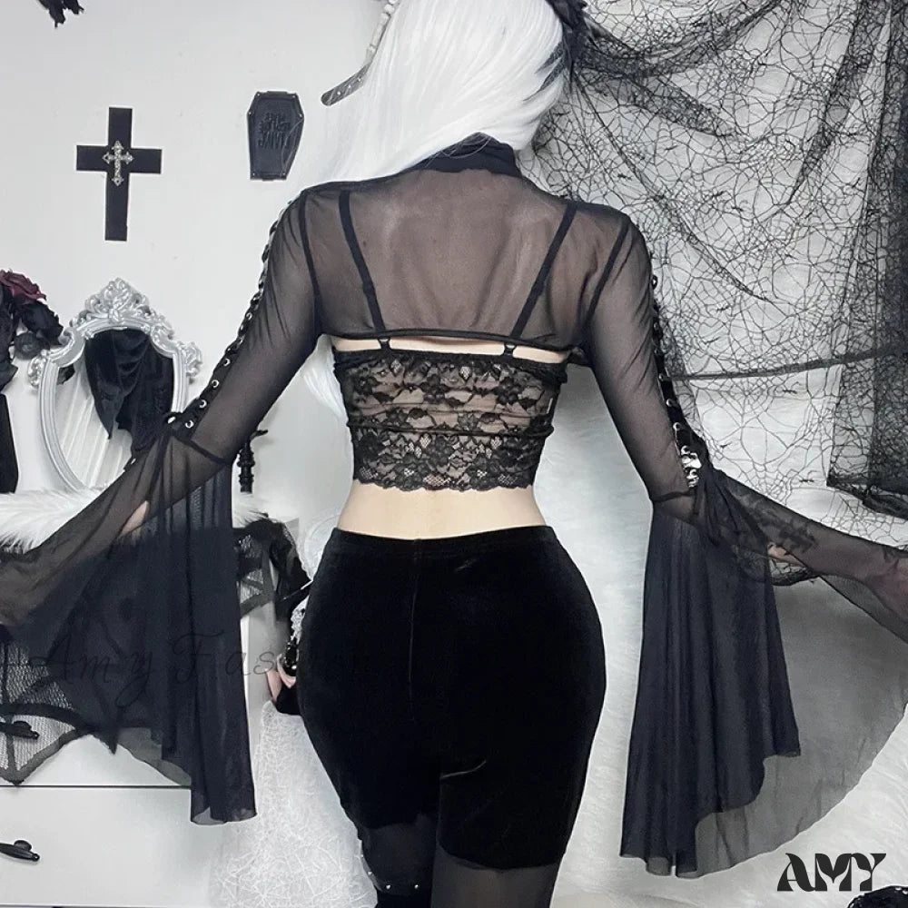 Black Mesh Street Lace-Up Punk Eyelet Flared Sleeves Vintage Pullover Crop Top