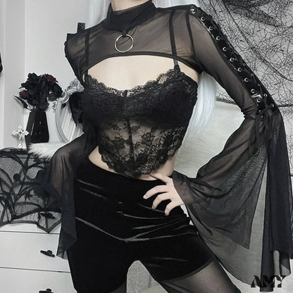 Black Mesh Street Lace-Up Punk Eyelet Flared Sleeves Vintage Pullover Crop Top