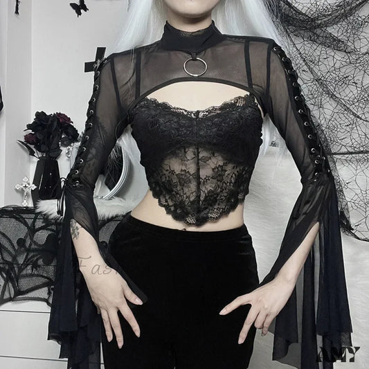 Black Mesh Street Lace-Up Punk Eyelet Flared Sleeves Vintage Pullover Crop Top