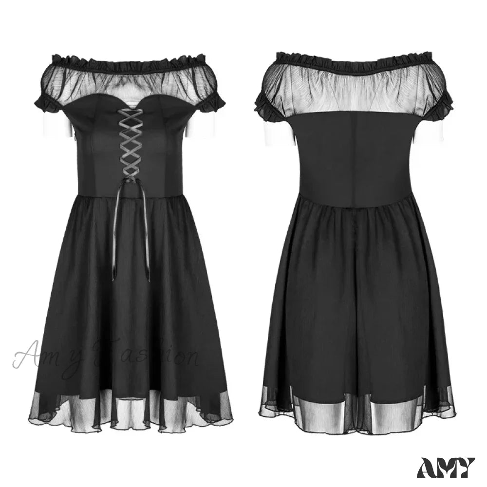 Black Off Shoulder Lolita Bandage Chiffon Ruffles Party Elegant A-Line Short Gothic Dress