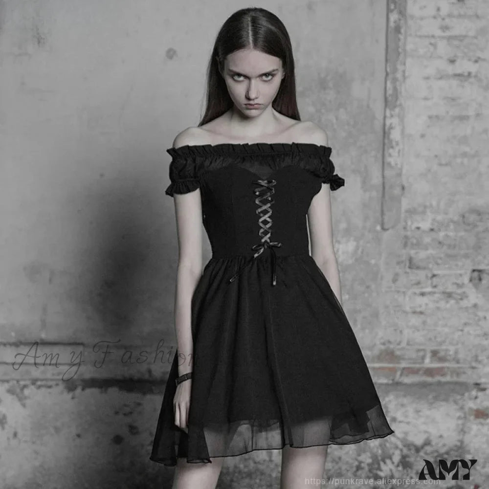 Black Off Shoulder Lolita Bandage Chiffon Ruffles Party Elegant A-Line Short Gothic Dress Black / Xs