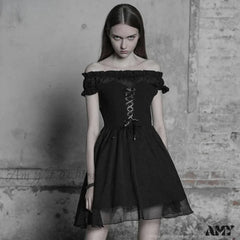 Black Off Shoulder Lolita Bandage Chiffon Ruffles Party Elegant A-Line Short Gothic Dress Black / Xs