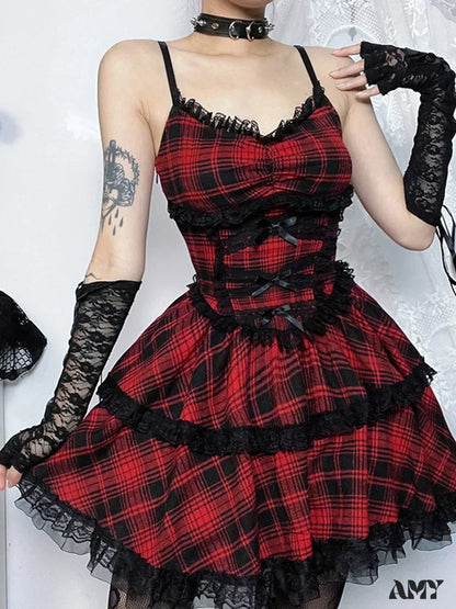 Black Party A-Line Backless Emo Grunge Plaid Goth Punk Dress Mall Lace Mini Up