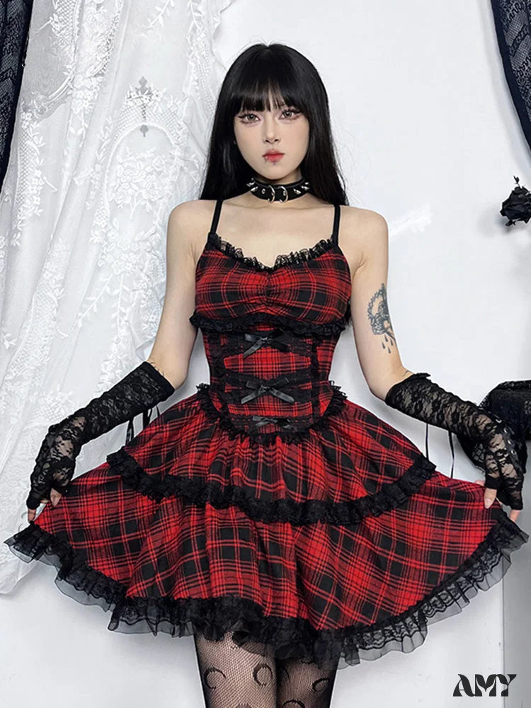 Black Party A-Line Backless Emo Grunge Plaid Goth Punk Dress Mall Lace Mini Up