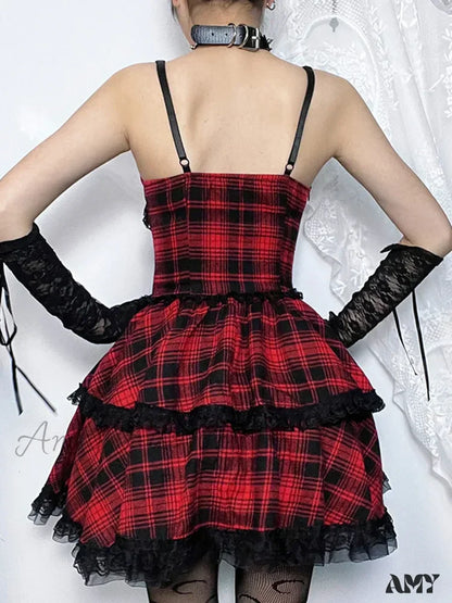 Black Party A-Line Backless Emo Grunge Plaid Goth Punk Dress Mall Lace Mini Up