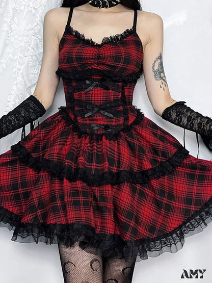 Black Party A-Line Backless Emo Grunge Plaid Goth Punk Dress Mall Lace Mini Up