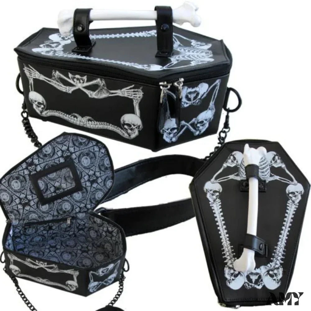 Black Pu Crossbody Bag Bat Gothic Coffin Skeleton Leather