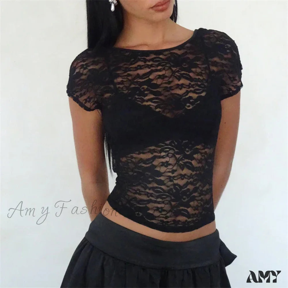 Black Sheer Lace Aesthetic See Through Short Sleeve Open Back Summer Slim Fit Crop Top