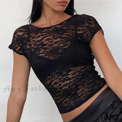 Black Sheer Lace Aesthetic See Through Short Sleeve Open Back Summer Slim Fit Crop Top