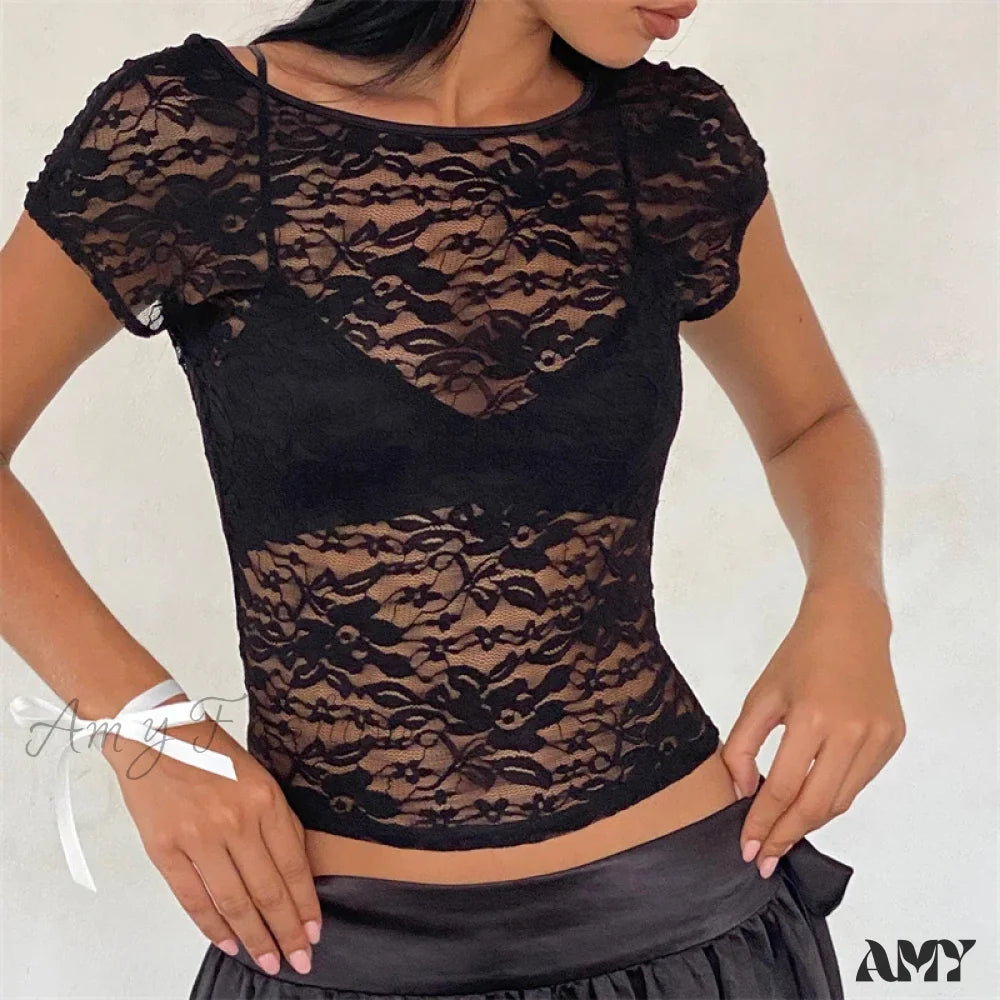 Black Sheer Lace Aesthetic See Through Short Sleeve Open Back Summer Slim Fit Crop Top