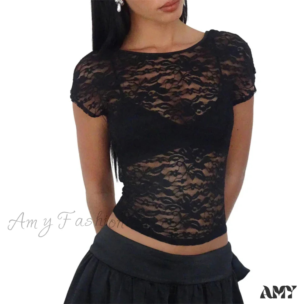 Black Sheer Lace Aesthetic See Through Short Sleeve Open Back Summer Slim Fit Crop Top Black / S