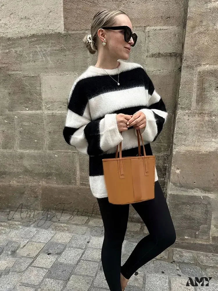 Black White Stripes Loose Casual Round Neck Warm Pullover Sweater