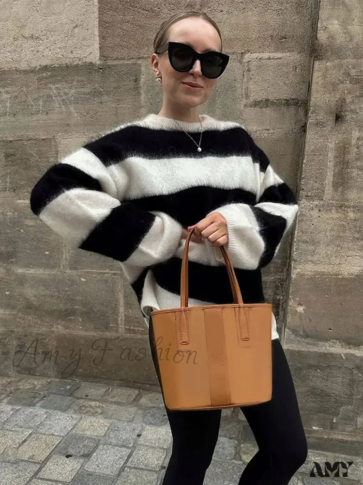 Black White Stripes Loose Casual Round Neck Warm Pullover Sweater