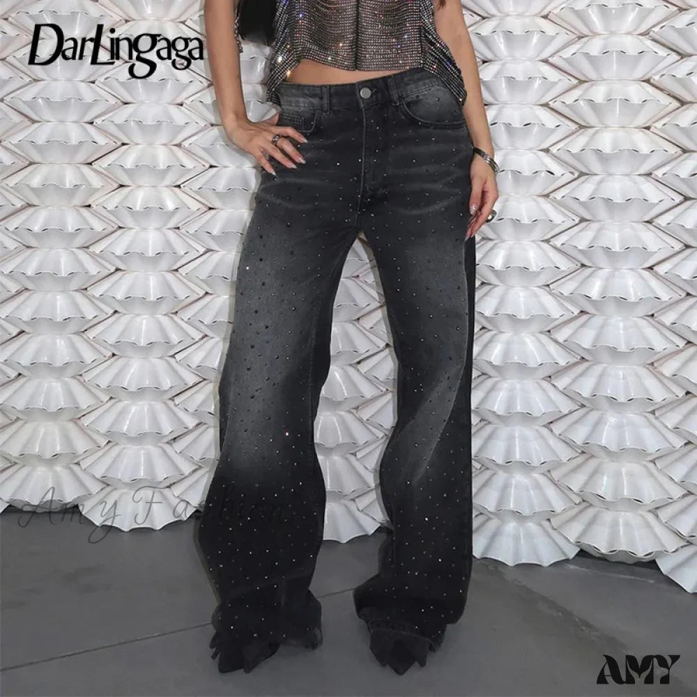 Bling Vintage Distressed Grunge Baggy Stylish Comfortable Unique Trendy Chic Jean Dark Grey / S