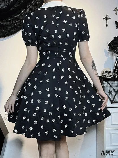 Bodycon Swing Down A-Line Print Cloak Dress Short Sleeve Collar Turn Gothic Punk