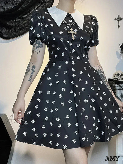 Bodycon Swing Down A-Line Print Cloak Dress Short Sleeve Collar Turn Gothic Punk