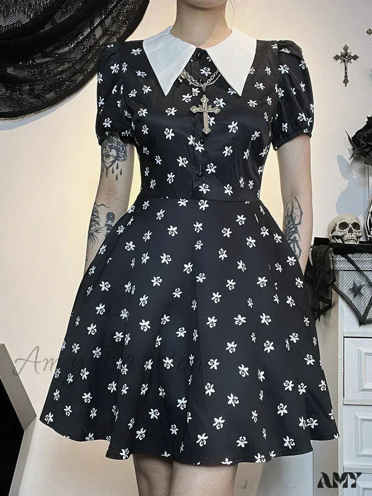 Bodycon Swing Down A-Line Print Cloak Dress Short Sleeve Collar Turn Gothic Punk